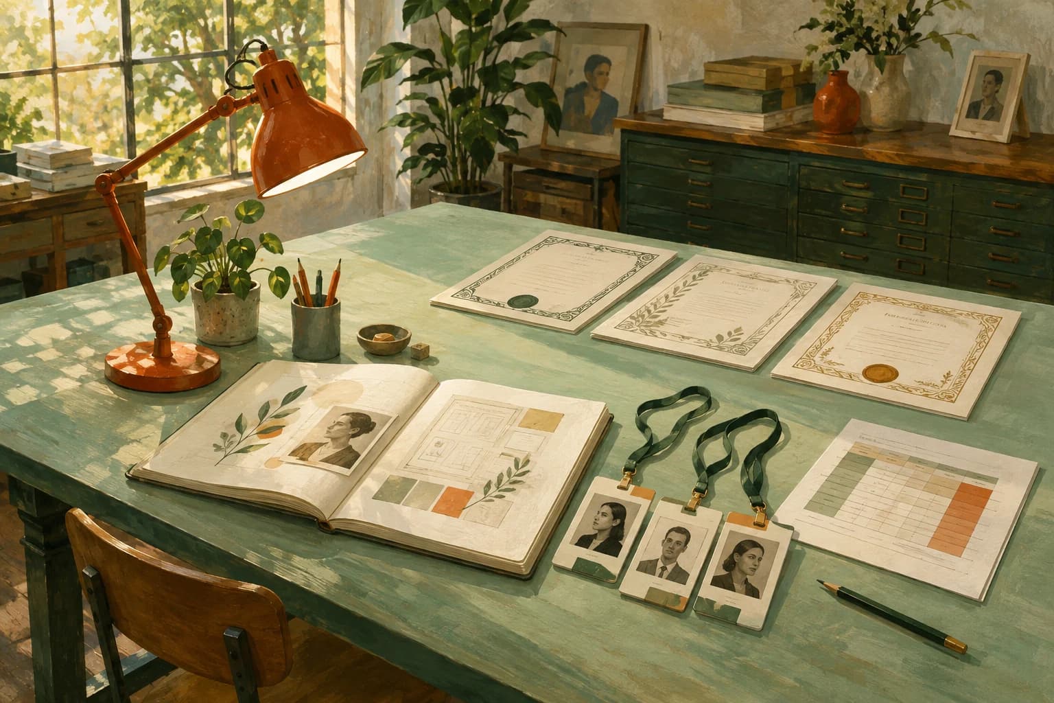 Painted print studio with certificates, identity cards, and an open design notebook