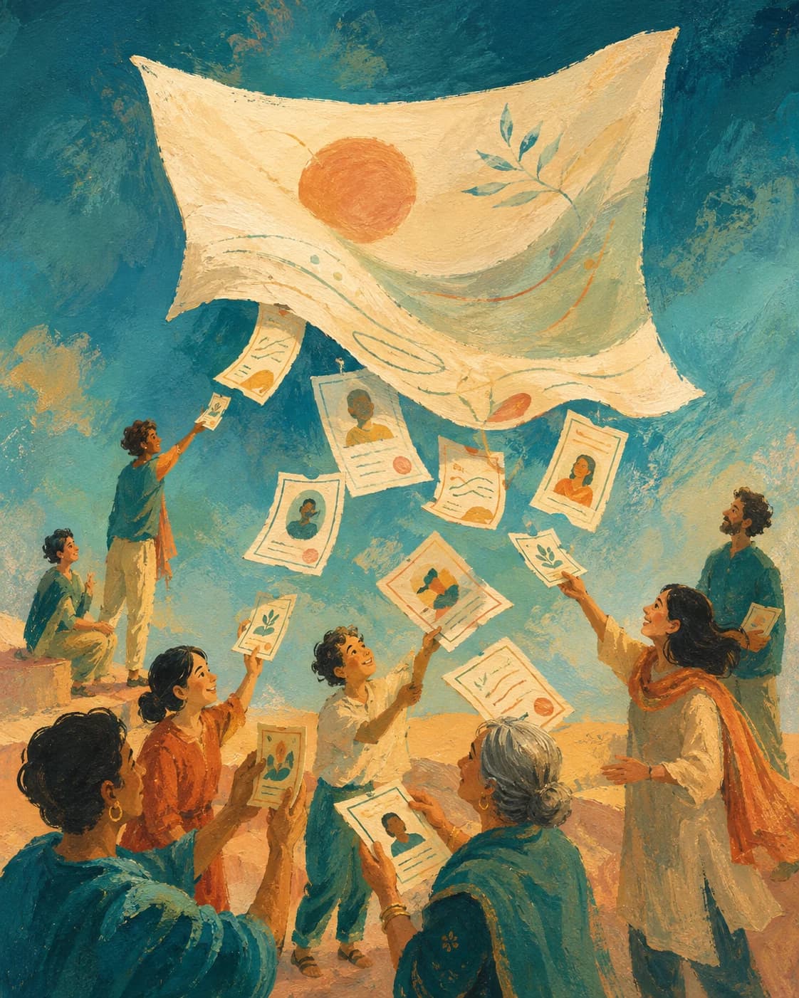 Painted gathering of people receiving their own personalised papers beneath a flowing paper canopy