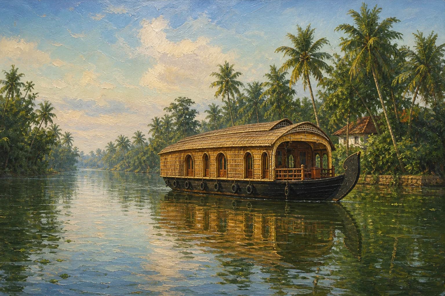 Oil painting of a traditional houseboat on Alleppey backwaters, surrounded by coconut palms and reflected morning light
